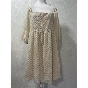 ePretty Y2K Mini Dress Geometric 3/4 Sleeve Size L Chiffon Cream Summer Blackout